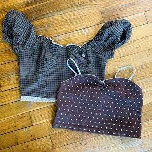 Brown Polka Dot Strapless Crop Top + Plaid Puff Sleeve Crop Top Duo